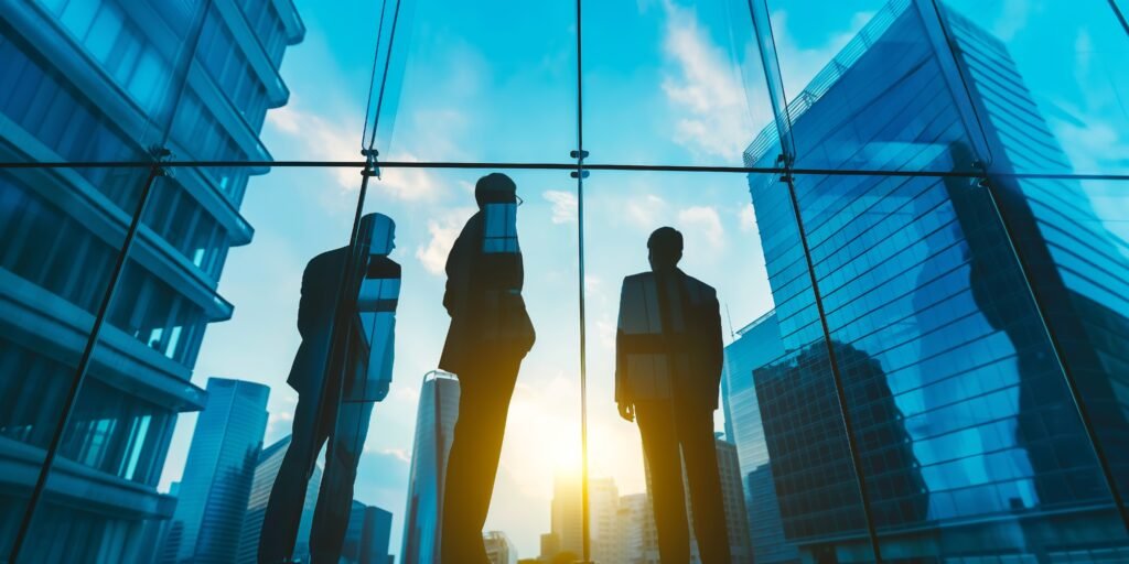 Three silhouetted business figures stand before a modern glass building at sunset reflecting the corporate world